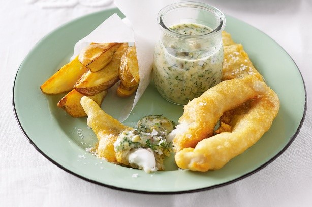 American Battered Fish And Potato Wedges With Lemon Tartare Sauce Recipe Appetizer