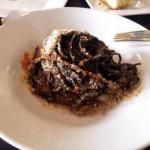 British Spaghetti with Cuttlefish Ink with Sauce with Anchovies Appetizer