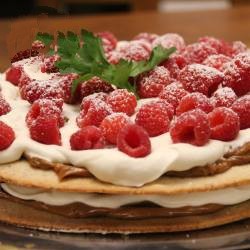 American Sable of Nuts with Sweet Milk and Raspberries Dessert