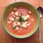 American Tomato Soup with Bread Cubes Appetizer
