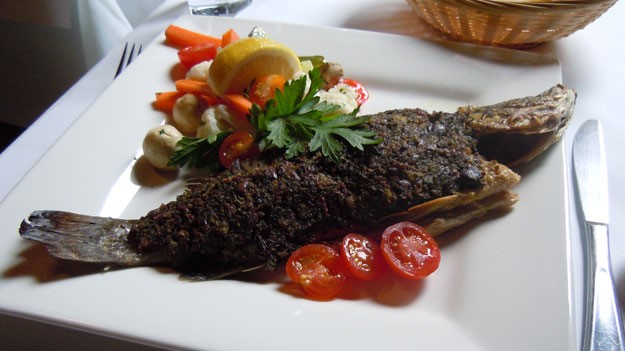 Italian Herb and Olive Crusted Barramundi with Giardiniera Salad Appetizer