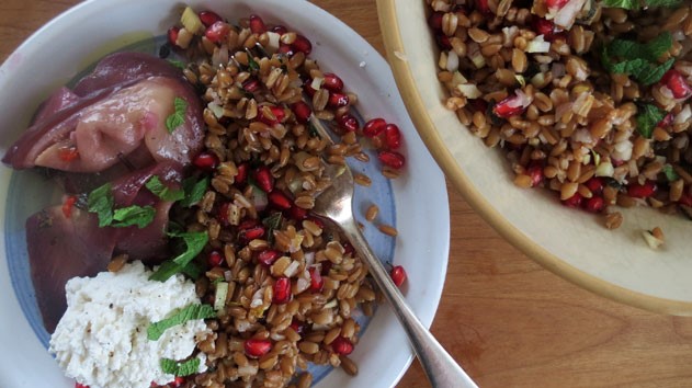 Italian Insalata Di Farro with Pickled Eggplant Pomegranate and Ricotta Appetizer