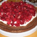 American Wet Cake of Chocolate with Fresh Milk Raspberries and Cream Dessert