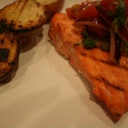 American Grilled Salmon with Yukon Golds and Tomato-red Onion Relish BBQ Grill