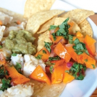 British Fish Tacos with Homemade Chips Guacamole and Persimmon Salsa Appetizer
