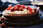 American Drunken Sunken Chocolate Cake With Spiced Cookie Creams And Gilded Raspberries Recipe Dessert