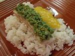 American Wasabi Pea Crusted Ono with Mango Coulis and Coconut Rice En Dinner