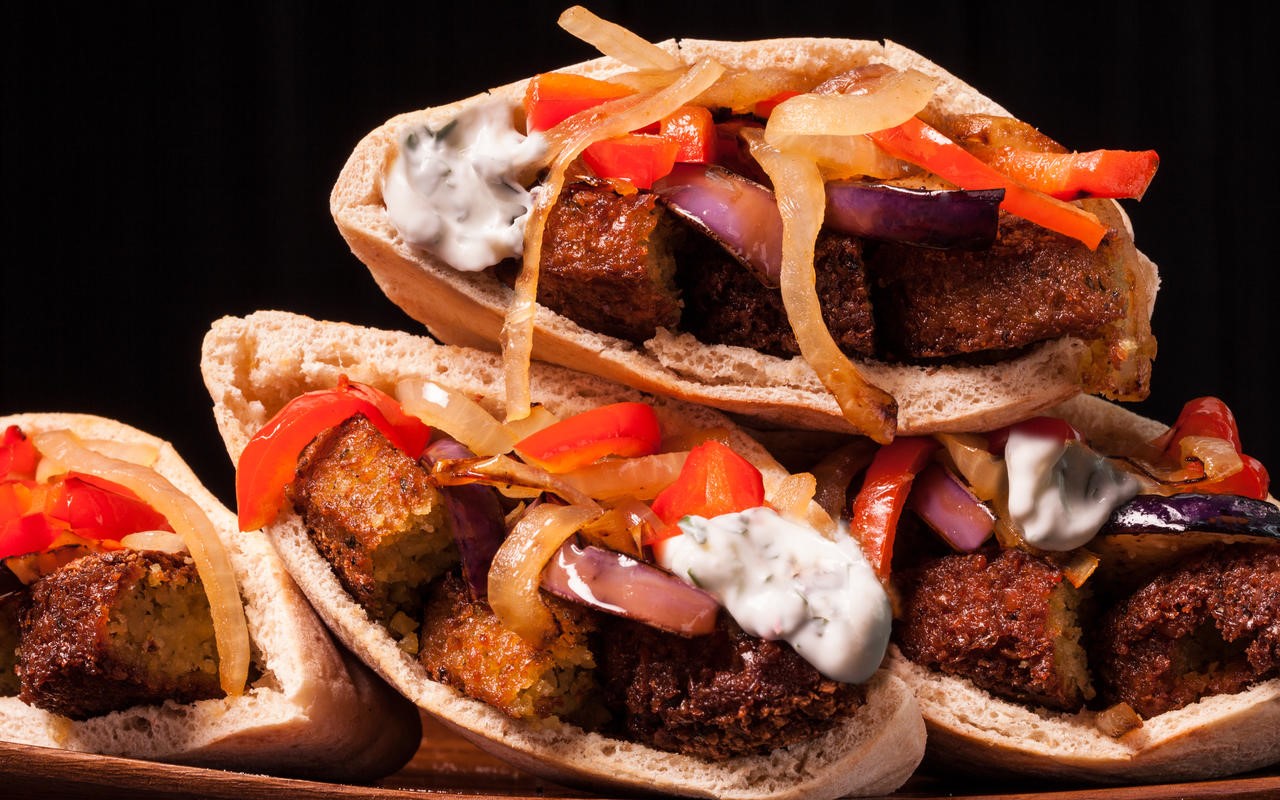 American Falafel Sandwich with Peppers Onion and Eggplant Recipe Appetizer