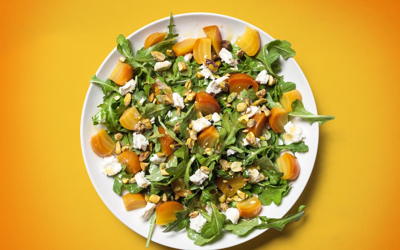 American Roasted Beet Salad with Goat Cheese Arugula and Pistachios Recipe Drink