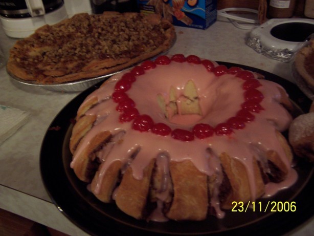 American Cinnamon Roll Tea Ring With Cherry Frosting Breakfast