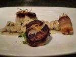 British Seared Scallops Served with a Truffled Potato Sauce and Warm Potato Relish Appetizer