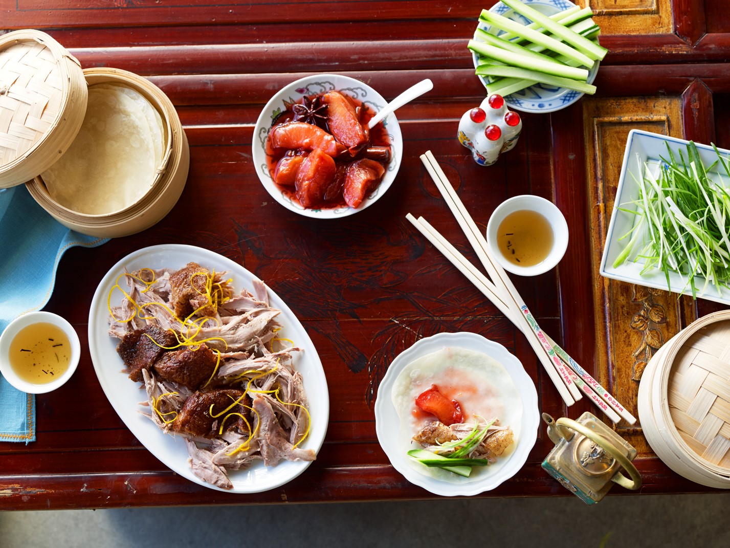 American Peking Duck Pancakes with Fresh Plum Sauce Appetizer