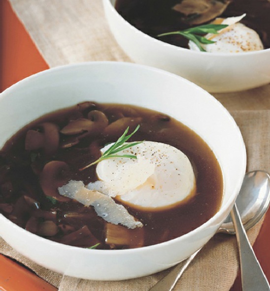 American Mushroom Soup with Poached Eggs and Parmesan Cheese Soup