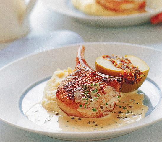 Austrian Pork Chops with Stuffed Apples and Peppercorn Cider Sauce Dinner