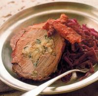 German Apple--stuffed Pork Loin with Braised Red Cabbage Dinner
