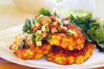 British Corn Bacon And Capsicum Fritters With Avocado Salsa Recipe Appetizer