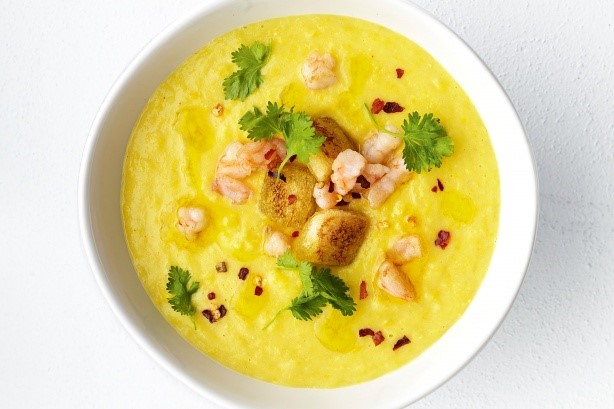 American Corn Soup With Prawn and Chilli Pangrattato Recipe Appetizer