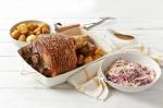 American Pork Leg Roast With Cabbage And Apple Salad Baby Chat Potatoes And Gravy Recipe Dinner