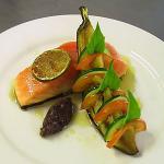 British Semicooked Salmon Petit Vegetables and Honey Lime Emulsion Dessert