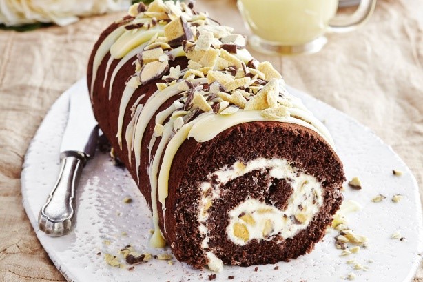 American Chocolate Honeycomb Roulade With White Chocolate Sauce Recipe Dessert