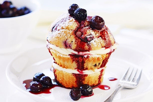 Canadian Blueberry Muffins With Lemon Frosting And Blueberry Sauce Recipe Dessert