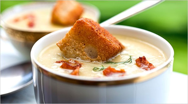 Canadian Green Tomato Soup With Bacon and Brioche Croutons Recipe Soup