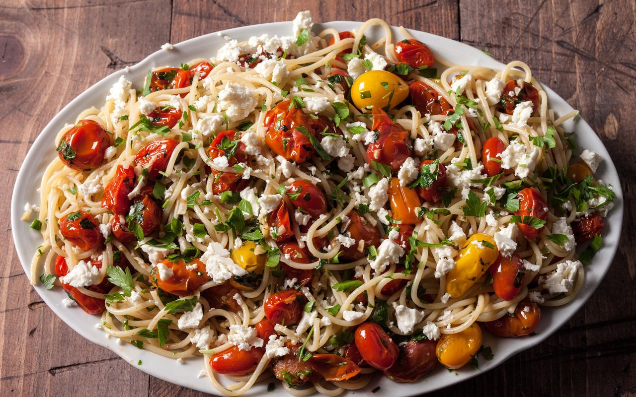 American Spaghetti with Roasted Cherry Tomatoes Feta and Herbs Recipe Appetizer