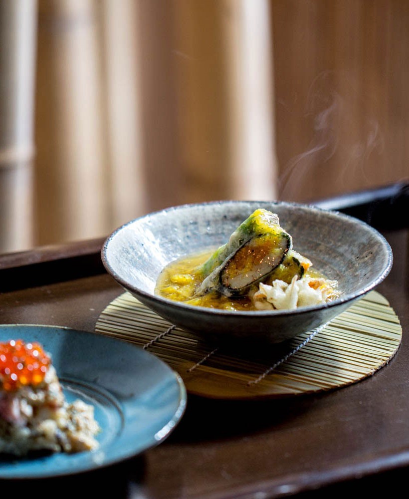 Australian Hairy Crab and Sea Urchin Nori Roll with Orange Ankake Sauce Appetizer