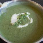 British Asparagus Soup with Spinach Potato and Peas Shoots Appetizer
