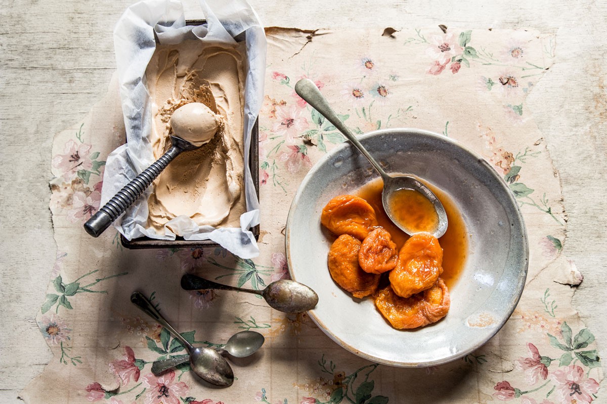 American Miso and Brown Sugar Icecream with Dried Peach Compote Appetizer