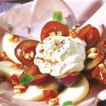 Pears and Plums with Cream of Honey and Crispy Pinion recipe