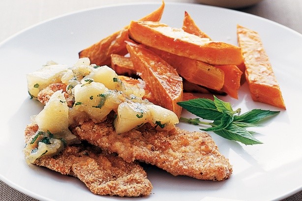 American Pork Schnitzel With Sweet Potato Chips Recipe Dinner