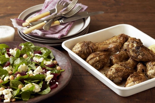 American Barbecue Chicken Drumsticks With Beetroot And Chickpea Salad Recipe Appetizer