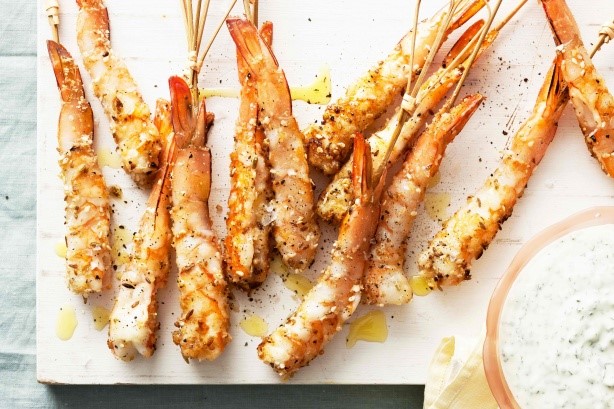 American Prawn Skewers With Hazelnut Dukkah And Mint Yoghurt Recipe BBQ Grill