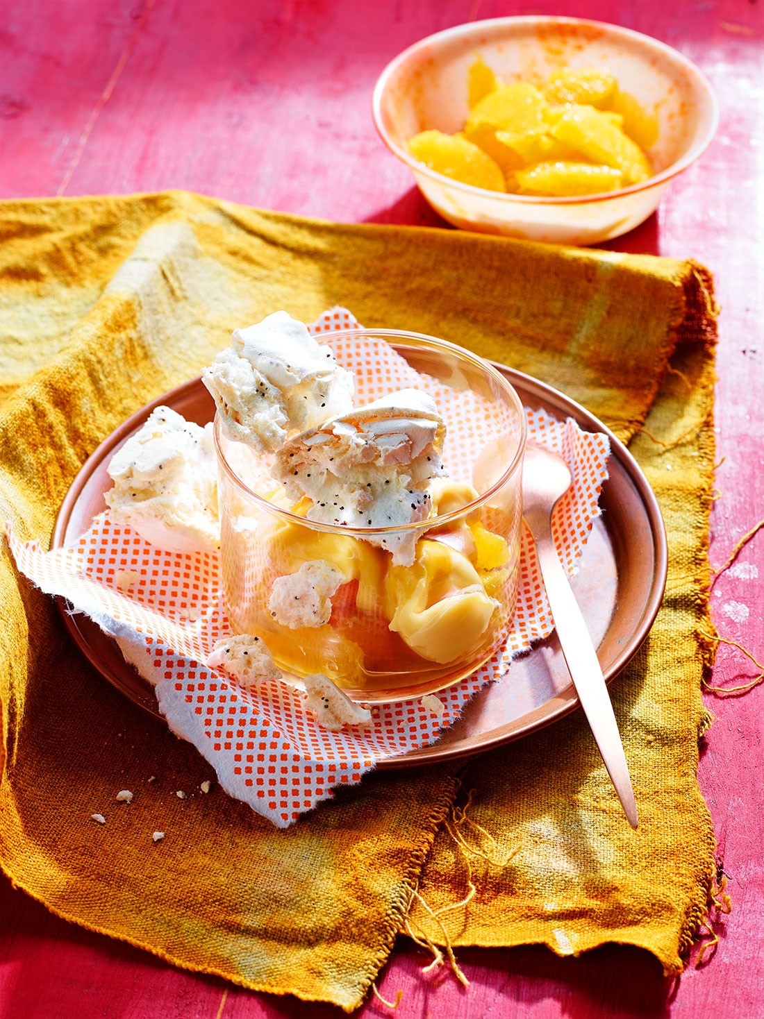 British Poppy Seed Meringue with Orange Cream and Caramel Oranges Appetizer