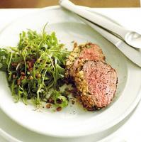 American Horseradish Crusted Filet of Beef with Arugula Salad Appetizer