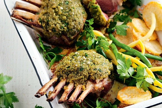 Italian Pestocrusted Lamb Racks With Golden Parmesan Potatoes Recipe Dinner