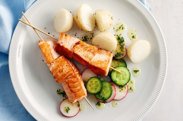 American Salmon Kebabs With Cucumber And Radish Dill Salad Recipe Appetizer