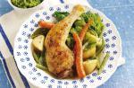 American Spring Chicken with Veg Broth and Minted Pea Puree Dinner