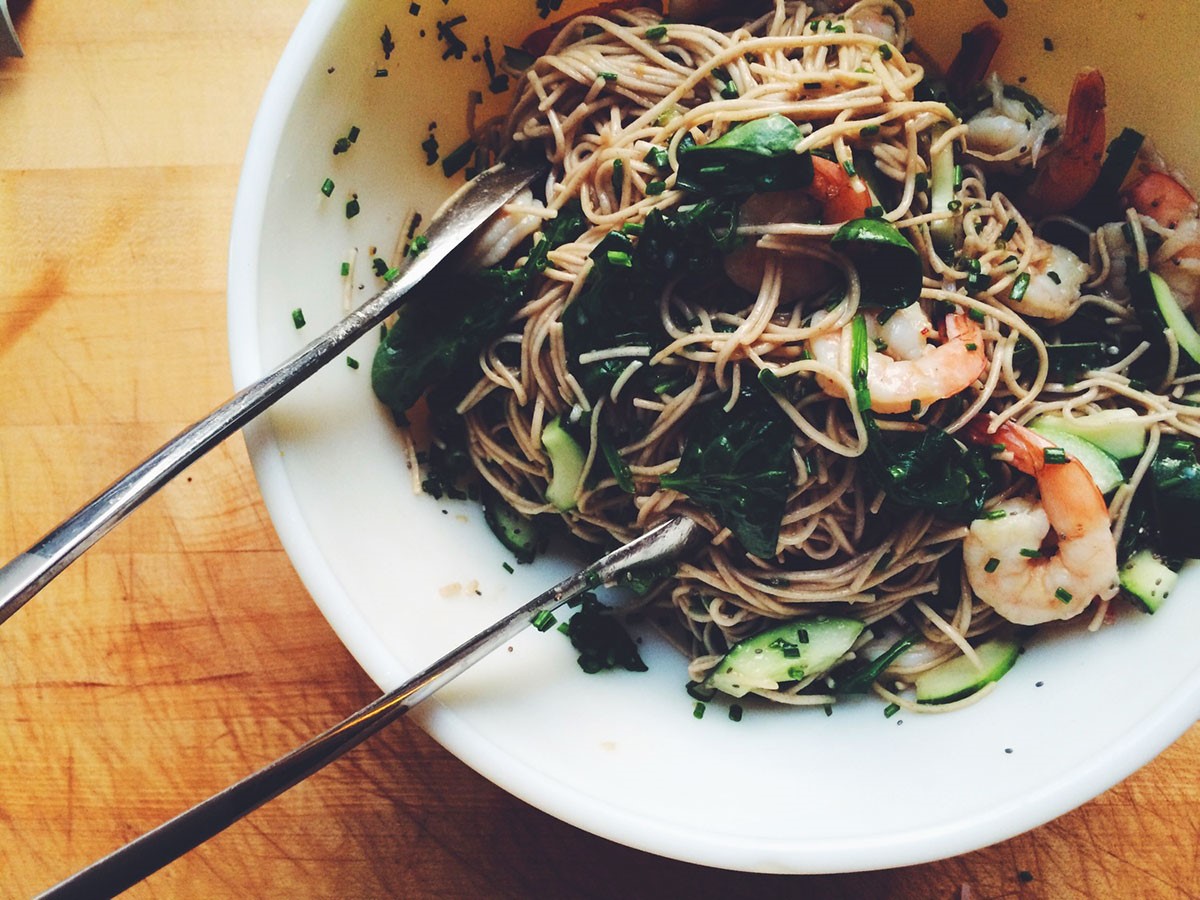 American Cold Soba Salad with Shrimp Appetizer