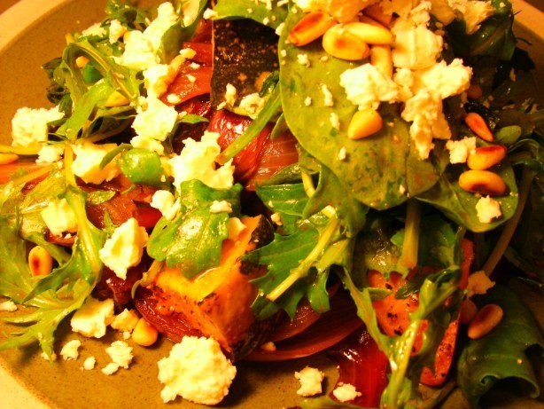 Australian Steak With Caramelised Red Onion Feta and Roasted Pumpkin Appetizer