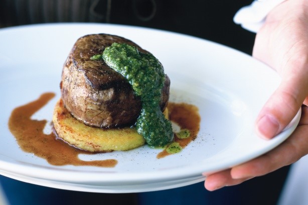 American Steak With Fried Polenta and Pesto Recipe Appetizer