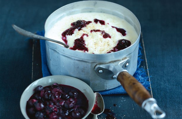 American Mascarpone Risotto with Blueberry Compote Swirl Dessert