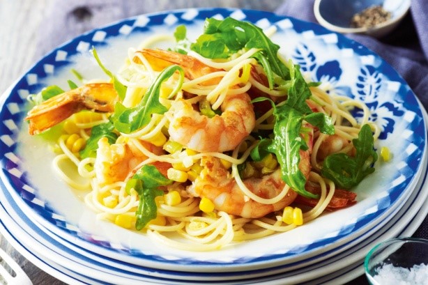 American Spaghetti With Prawns Corn and Rocket Recipe Appetizer