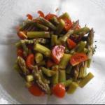American Lukewarm Green Asparagus Salad with Tomato Appetizer
