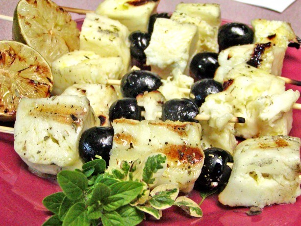 American Halloumi and Olives Skewers Appetizer