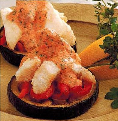 Mediterranean Fish On Roasted Red Pepper and Eggplant Appetizer