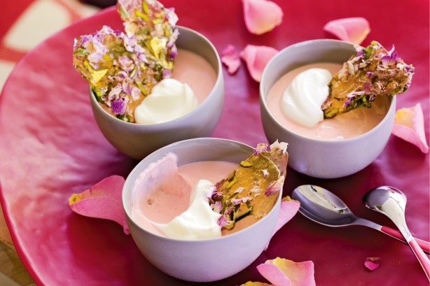 American Rose Petal Creams With Rose and Pistachio Toffee Shards Recipe Dessert