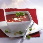 American Tomato Cream Soup with Mascapone Cream and Almonds Appetizer