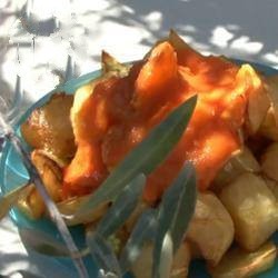 Spanish Patatas Bravas fried Potatoes with Tomato Sauce to Spanish Appetizer